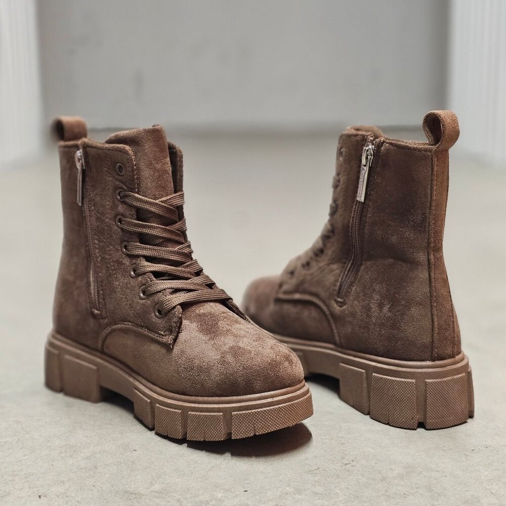 Nude Faux Suede Lace-Up Combat Boots With Side Zipper And Chunky Sole
